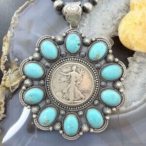 Genuine 1942 90% Silver Walking Liberty Half Dollar Coin w/Turquoise Uni Pendant